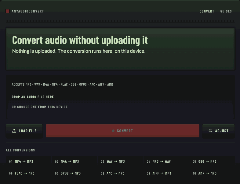 A screen recording of the converter's Adjust panel opening, the bitrate select moving from 192 to 320 kbps, the variable bitrate checkbox being ticked, and the bitrate returning to 128.