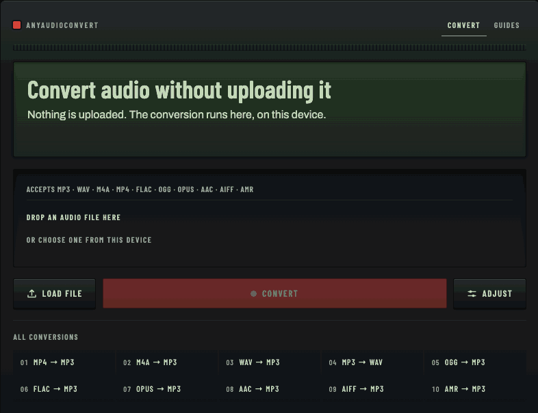 A screen recording of the converter: a WAV file is loaded, the display fills in the source format, output format, file size and length, the red Convert key is pressed, the segmented meter fills, and the display reads Saved.