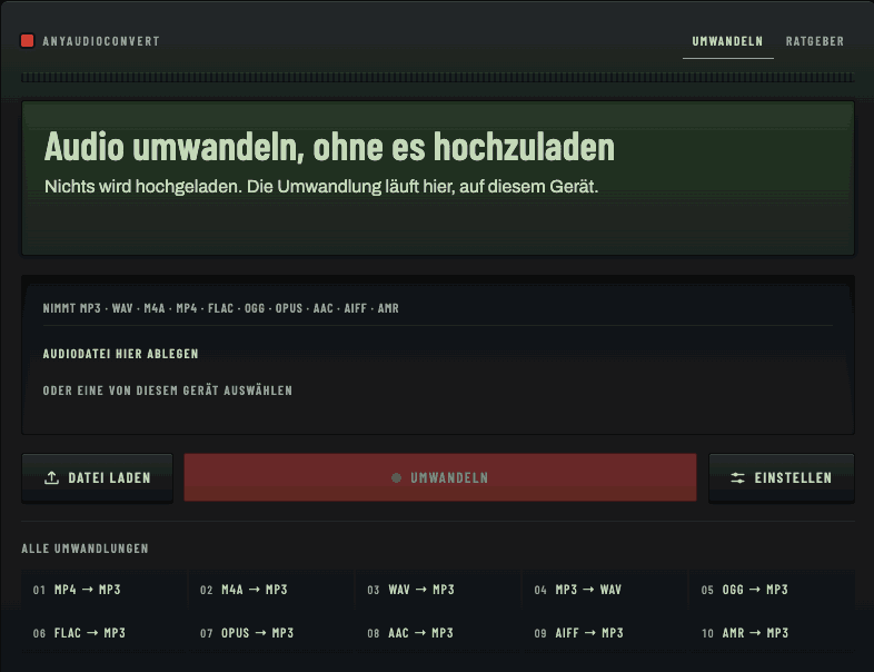 Eine Bildschirmaufnahme des Konverters: eine WAV-Datei wird geladen, die Anzeige füllt Quellformat, Ausgabeformat, Dateigröße und Länge aus, die rote Umwandeln-Taste wird gedrückt, die segmentierte Anzeige füllt sich, und im Display steht Gespeichert.