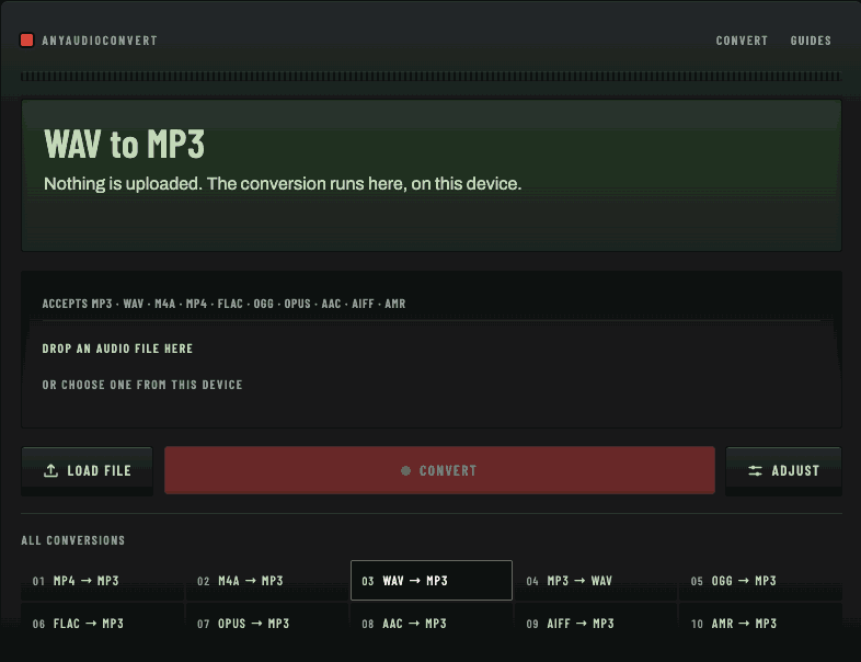 A screen recording of the converter: a WAV file is dropped into the recessed bay, the display fills in the file name, source format, size and length, the red Convert key is pressed, the segmented meter fills, and the display reads Saved.
