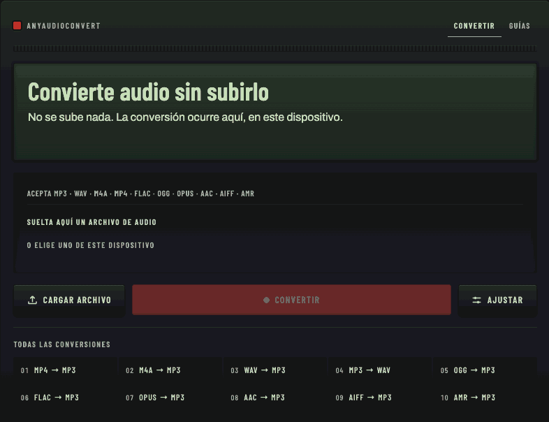 Una grabación de pantalla del panel Ajustar del conversor abriéndose, el selector de bitrate pasando de 192 a 320 kbps, la casilla de bitrate variable marcándose y el bitrate volviendo a 128.