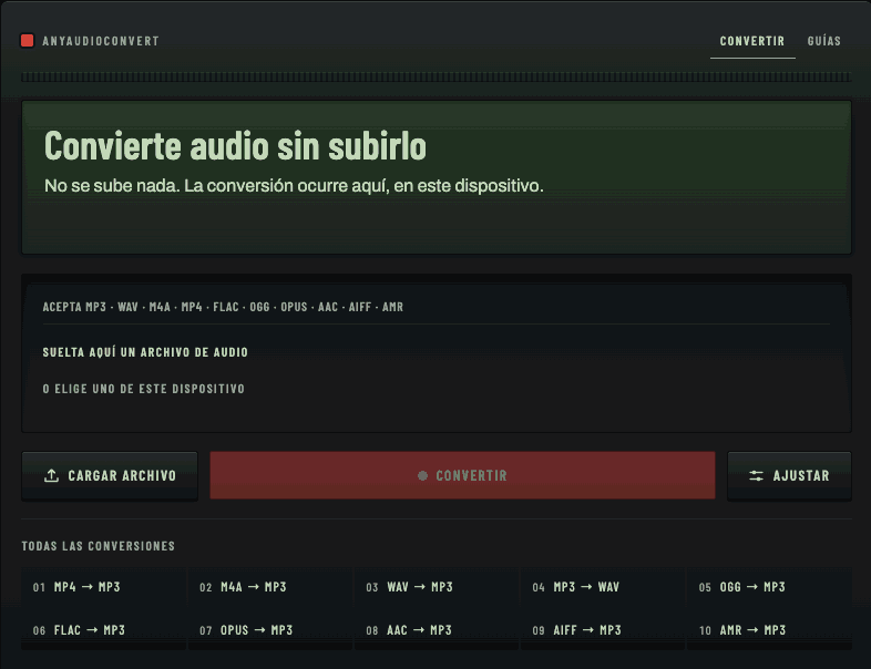 Una grabación de pantalla del conversor ejecutando una conversión completa hasta el final mientras el navegador está en modo sin conexión, sin ninguna conexión de red disponible.