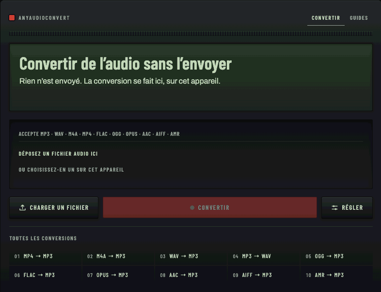 Un enregistrement d’écran d’une conversion audio complète s’exécutant sur la page, capturé pendant que chaque requête réseau émise par la page était consignée.
