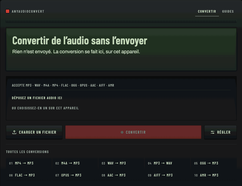 Un enregistrement d’écran du convertisseur menant une conversion complète jusqu’au bout alors que le navigateur est en mode hors ligne, sans aucune connexion réseau disponible.