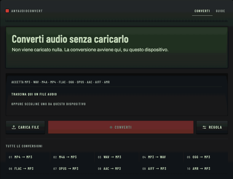Una registrazione dello schermo del convertitore: viene caricato un file WAV, il display compila formato di origine, formato di uscita, dimensione e durata, viene premuto il tasto rosso Converti, l’indicatore a segmenti si riempie e il display mostra Salvato.