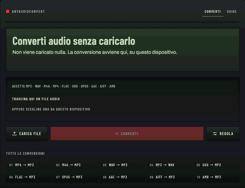 Una registrazione dello schermo di una conversione audio completa che gira sulla pagina, catturata mentre ogni richiesta di rete della pagina veniva annotata.