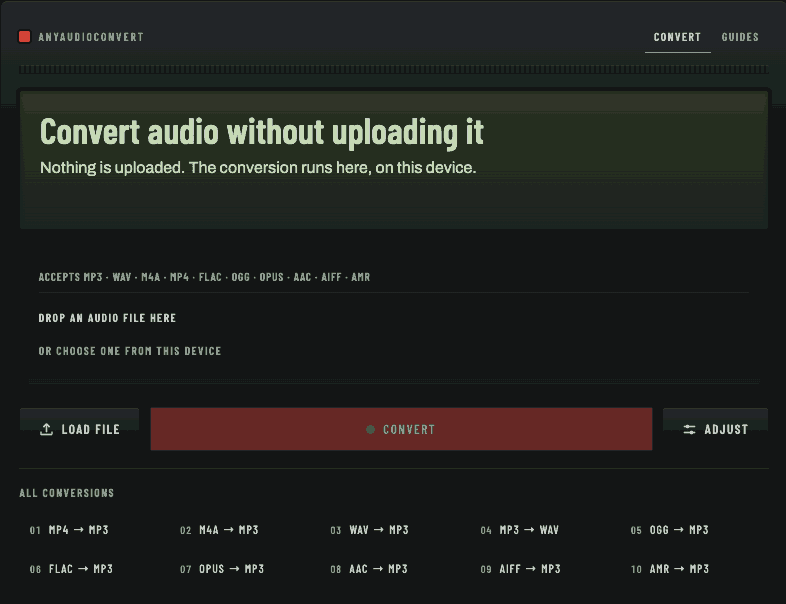 A screen recording of a complete audio conversion running on the page, captured while every network request the page made was being recorded.