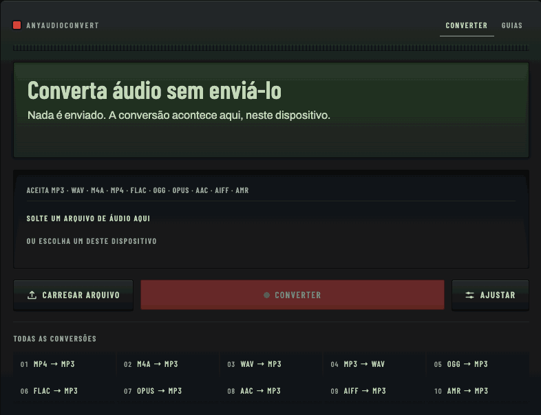 Uma gravação de tela do conversor: um arquivo WAV é carregado, o visor preenche o formato de origem, o formato de saída, o tamanho e a duração, a tecla vermelha Converter é pressionada, o medidor segmentado se enche e o visor mostra Salvo.