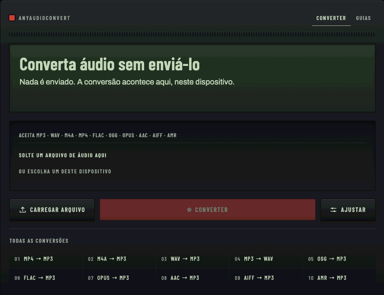 Uma gravação de tela de uma conversão de áudio completa rodando na página, capturada enquanto cada requisição de rede feita pela página estava sendo registrada.